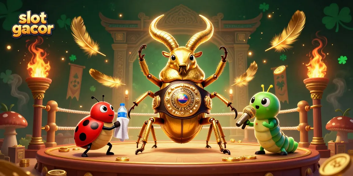 Engaging illustration of slot gacor featuring a giant beetle as a boxing champion, plus vibrant casino elements