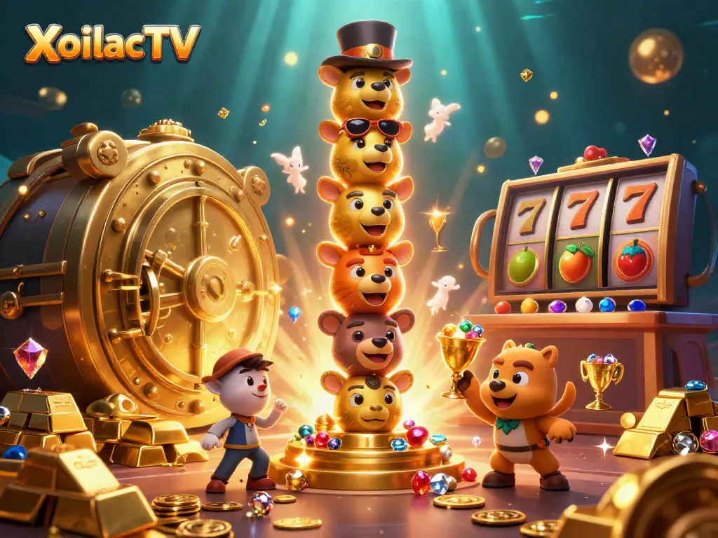 XoilacTV thrills with an enchanting 3D casino scene featuring a golden totem pole surrounded by vibrant gambling elements.