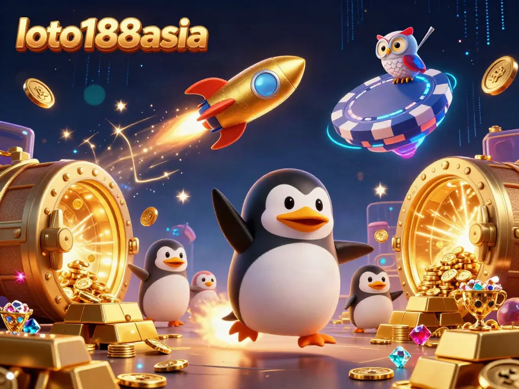 Experience the excitement of loto188asia with a vibrant 3D penguin blasting through casino-themed space.