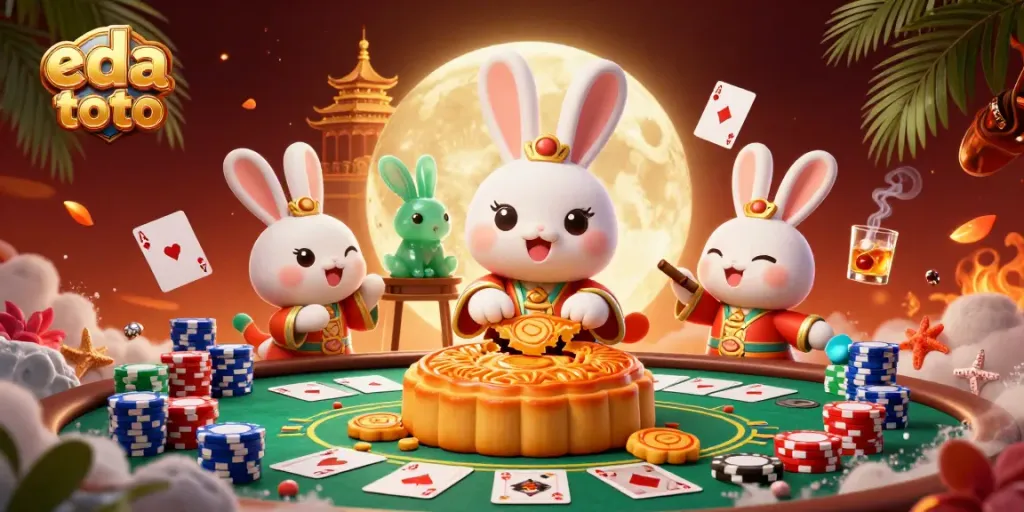 Engage in the eda toto experience with a playful 3D illustration featuring moon rabbits at a vibrant poker table.