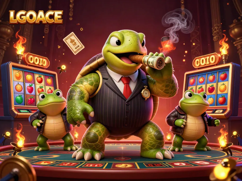 LGOACE illustrates a vibrant casino scene with a turtle mobster and bullfrogs amidst dynamic slot elements.