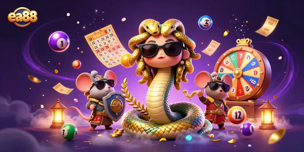 ea88 khám phá thế giới sòng bạc với Medusa và chiến binh, các hình bóng xổ số đầy màu sắc.