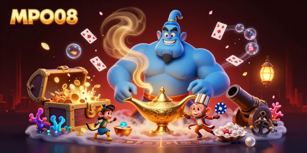 MPO08 invites players to win in a vibrant 3D genie casino scene filled with treasures and magical elements.