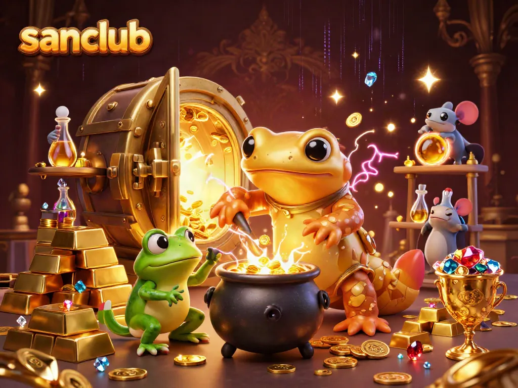 Engage in thrilling gameplay at sanclub with golden alchemist characters in a vibrant casino scene.
