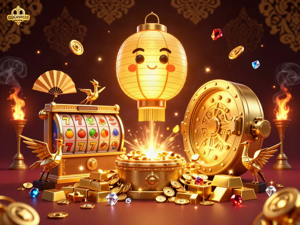 Experience the thrilling gaming at QQCASH188 with dynamic slot reels and golden treasures in this vibrant illustration.