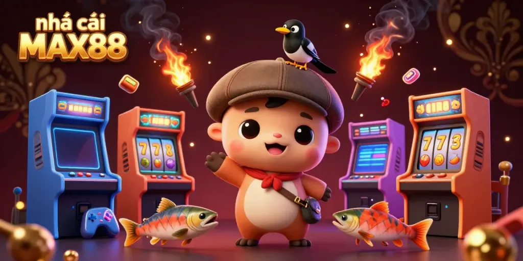 Engage with nhà cái MAX88 through vibrant 3D cartoon characters and dynamic casino elements in a colorful scene.