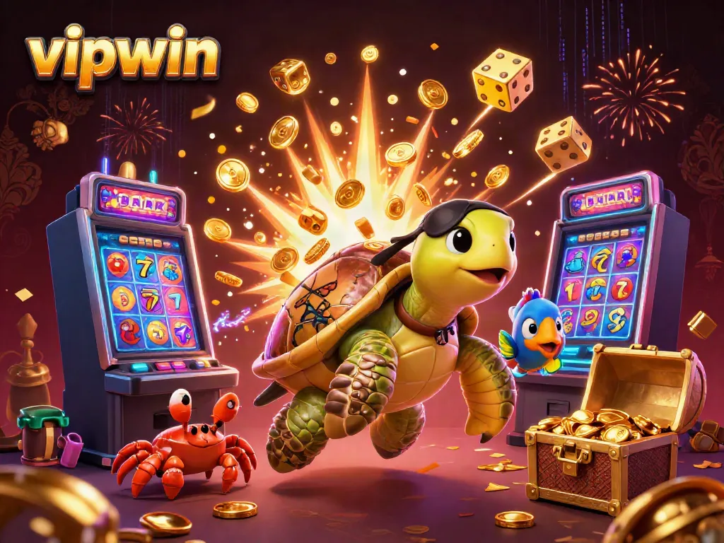 Experience the thrill of vipwin with a pirate turtle, hermit crab, and slot machine bursting with treasures.