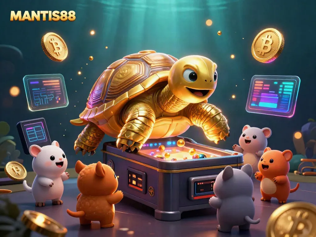 MANTIS88 players enjoying an immersive golden tortoise pinball experience with vibrant crypto elements