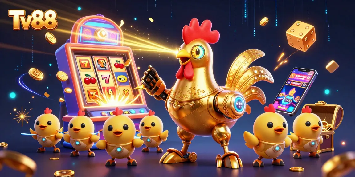Experience exciting slots with Tv88's dynamic golden rooster robot and baby chick drones in a vibrant casino scene.