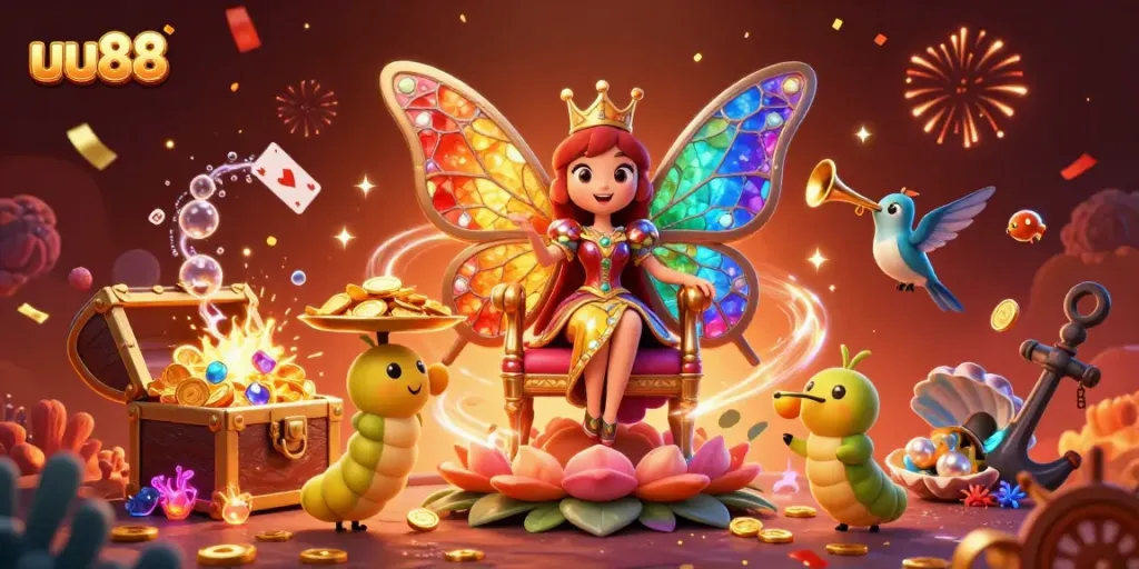 Experience the thrilling world of uu88 as a colorful butterfly queen presides over a vibrant casino scene, packed with gems and gold.
