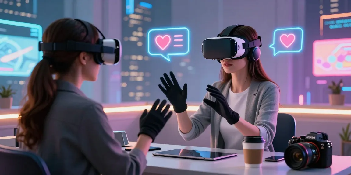 A user interacts with an AI gf in a vibrant digital landscape, showcasing advanced technology and virtual connections.