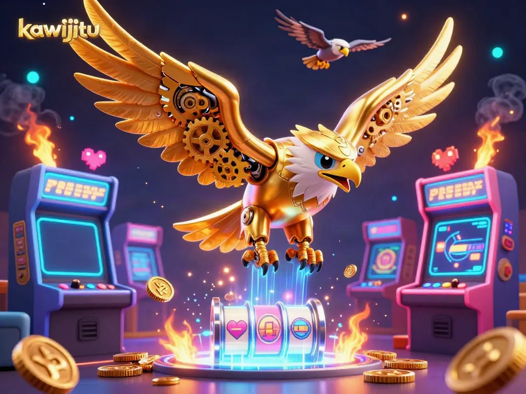 Experience the excitement of kawijitu with a golden eagle diving through vibrant slot reels in a cosmic casino.