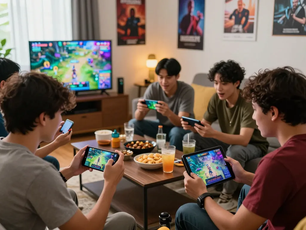 Group of friends enjoying mobile games on AUTOWIN88 platform in a lively living room, showcasing social gaming fun.