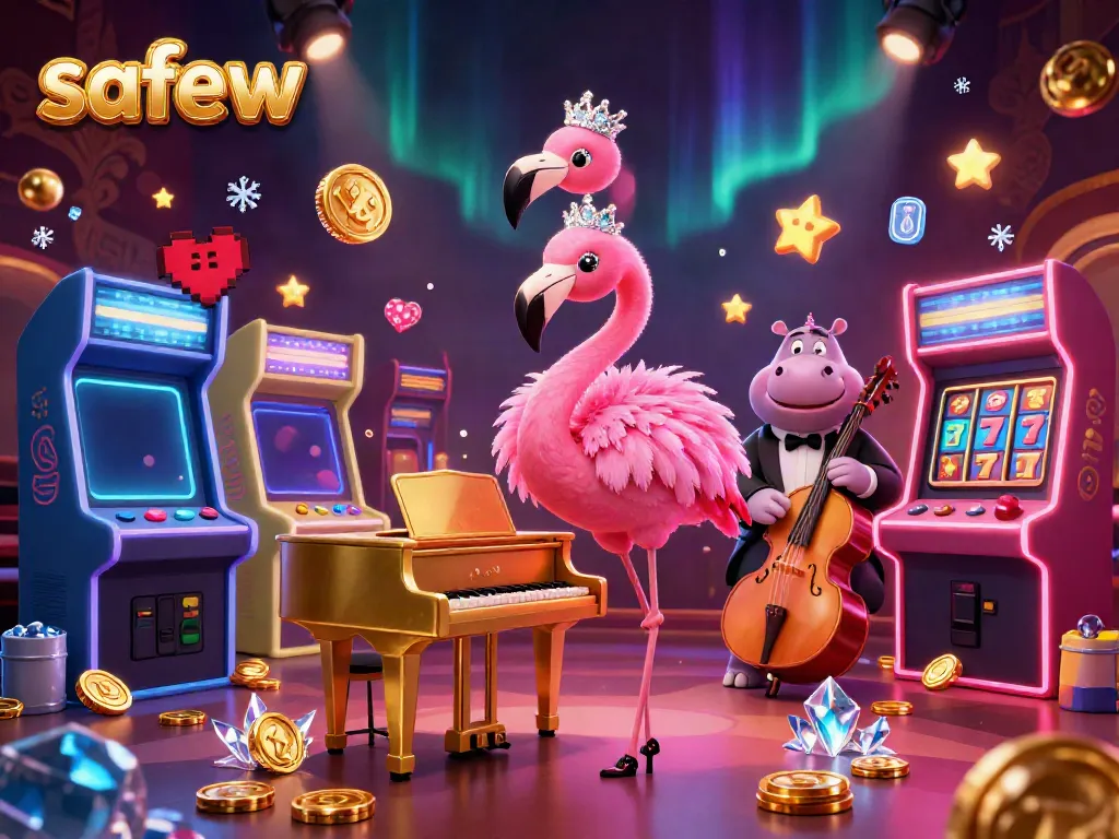 Engage with safew through a vibrant 3D casino illustration featuring lively characters and gaming elements.