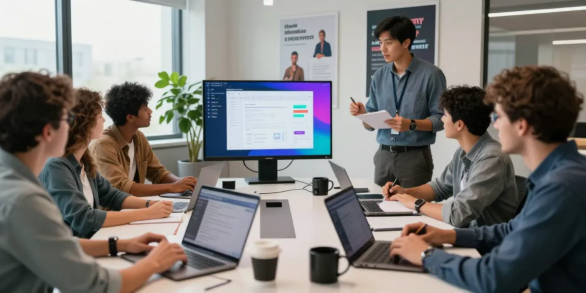 Team collaborating to build internal tools with AI in a modern office setting, showcasing innovation and teamwork.