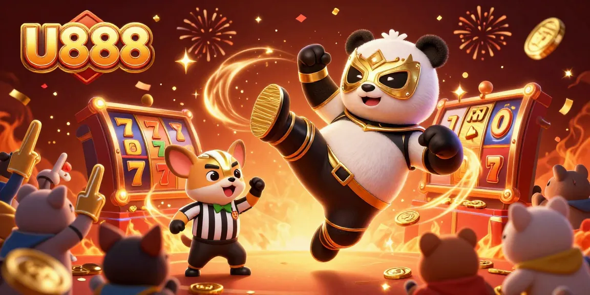 Experience the excitement of U888 with a dynamic slot scene featuring a panda wrestler and chihuahua referee.