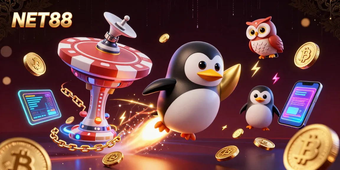 Experience the NET88 casino adventure with a golden penguin and crypto treasures!
