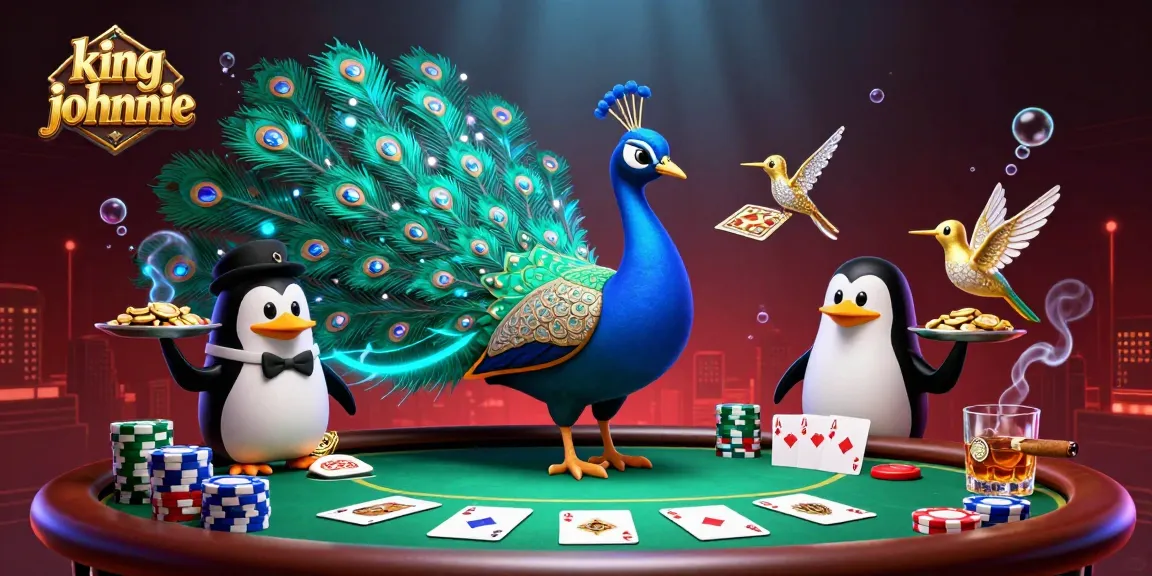 Experience the vibrant excitement of kingjohnnie with a colorful 3D casino scene filled with animated characters and poker elements.