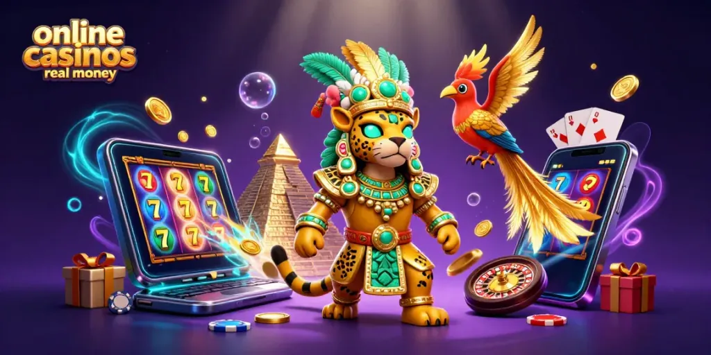 Engage with online casinos real money through colorful slots and dynamic gaming elements in a vibrant scene.