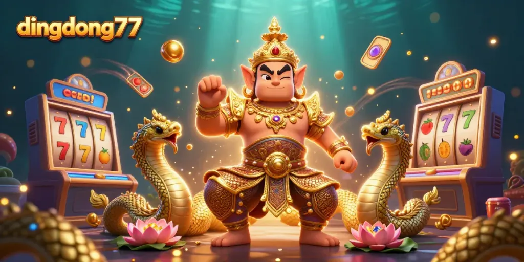 Dive into the excitement with dingdong77 as characters celebrate lucrative slot jackpots in this vibrant illustration.