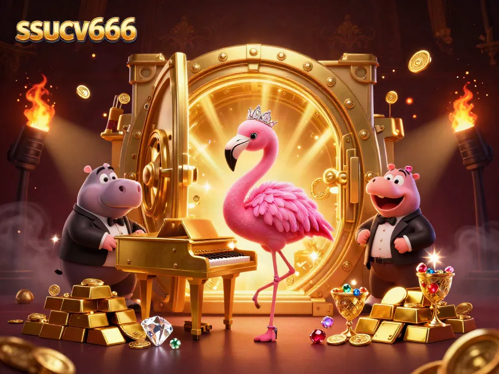 Experience the vibrant energy of ssucv666 with dynamic casino characters celebrating wins amid golden treasures.