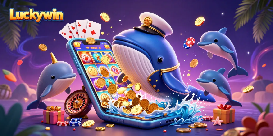 Experience winning with Luckywin in this vibrant 3D casino illustration with cartoon whale and playful dolphins.