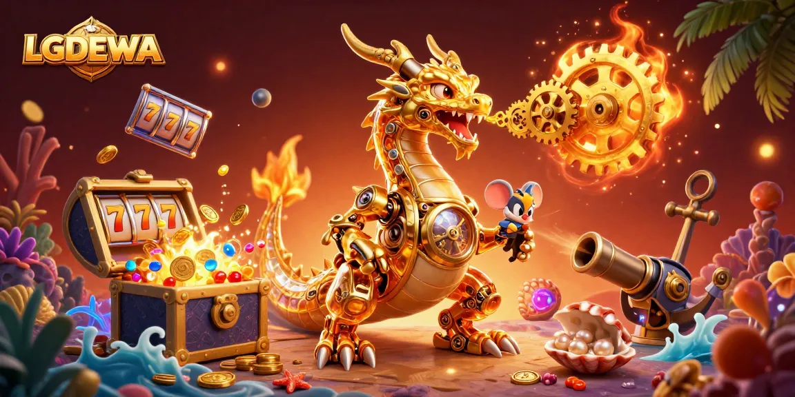Spin the reels with LGODEWA and enjoy an explosive treasure hunt in a vibrant casino scene.