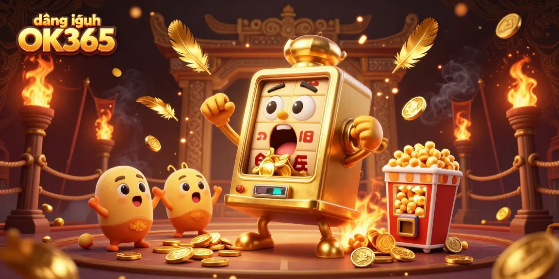 Experience the excitement of đăng nhập OK365 as the golden slot machine hits a jackpot amidst vibrant casino elements.