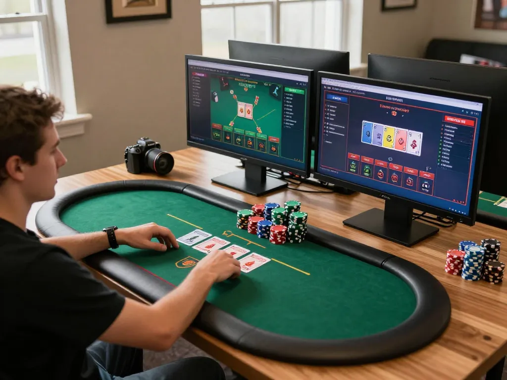 Engaging online gameplay at badak178 with a player analyzing poker hands on multiple screens.