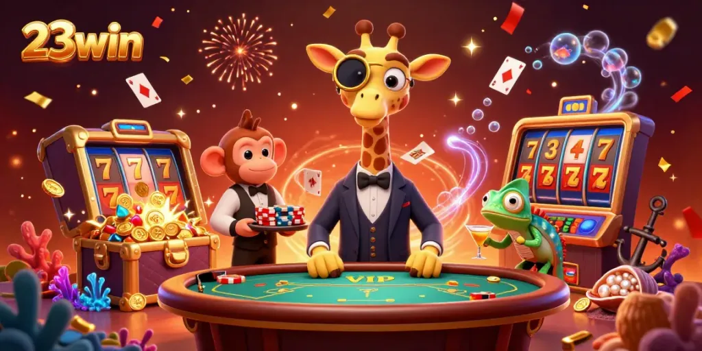 Experience 23win's thrilling slots environment with a high-roller giraffe, monkey valet, and chameleon bartender amidst exciting casino elements.