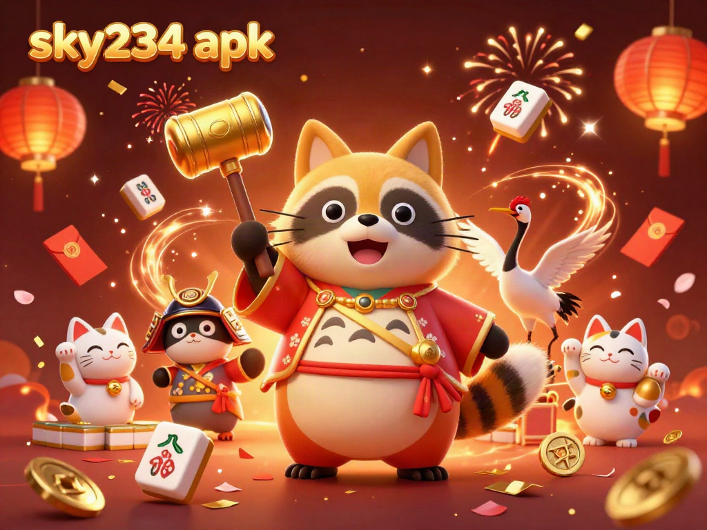 Play with excitement through sky234 apk, featuring lucky tanuki and festive elements in vibrant 3D.