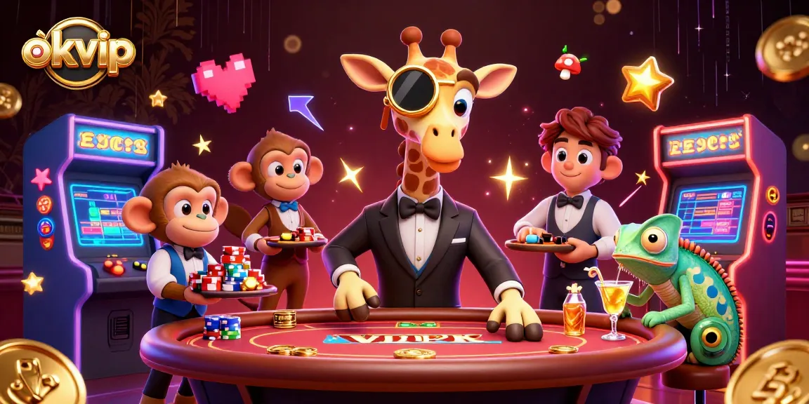 Engage with okvip's vibrant online gaming scene featuring animated characters and casino elements.