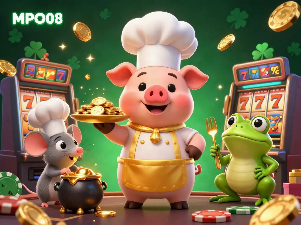 MPO08 offers a vibrant casino scene featuring a chef pig serving gold coins, a sous-chef mouse, and a frog critic.