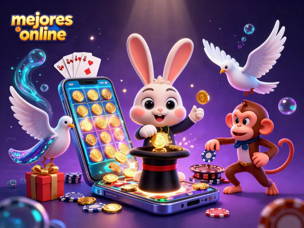 Disfruta de los mejores casinos online mientras el conejo mágico revela monedas doradas y fichas de póker.