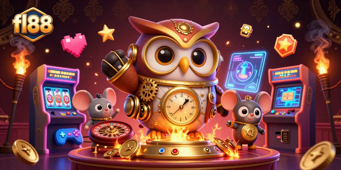 Experience fl88's thrilling casino adventure with an animated owl and gaming symbols.