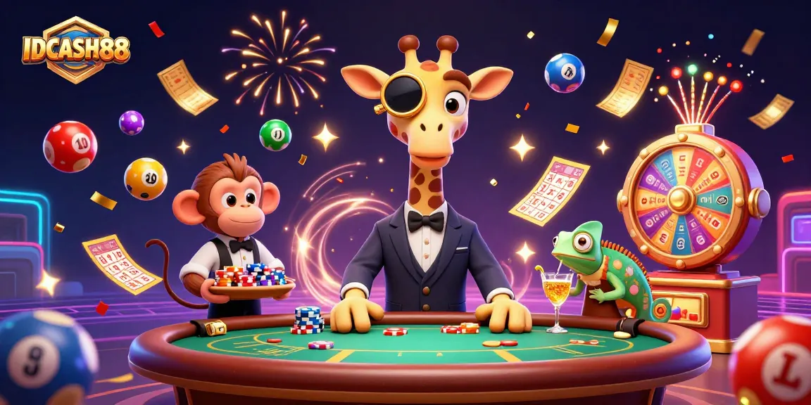 Experience the thrill of IDCASH88 with a high-roller giraffe and colorful game elements.