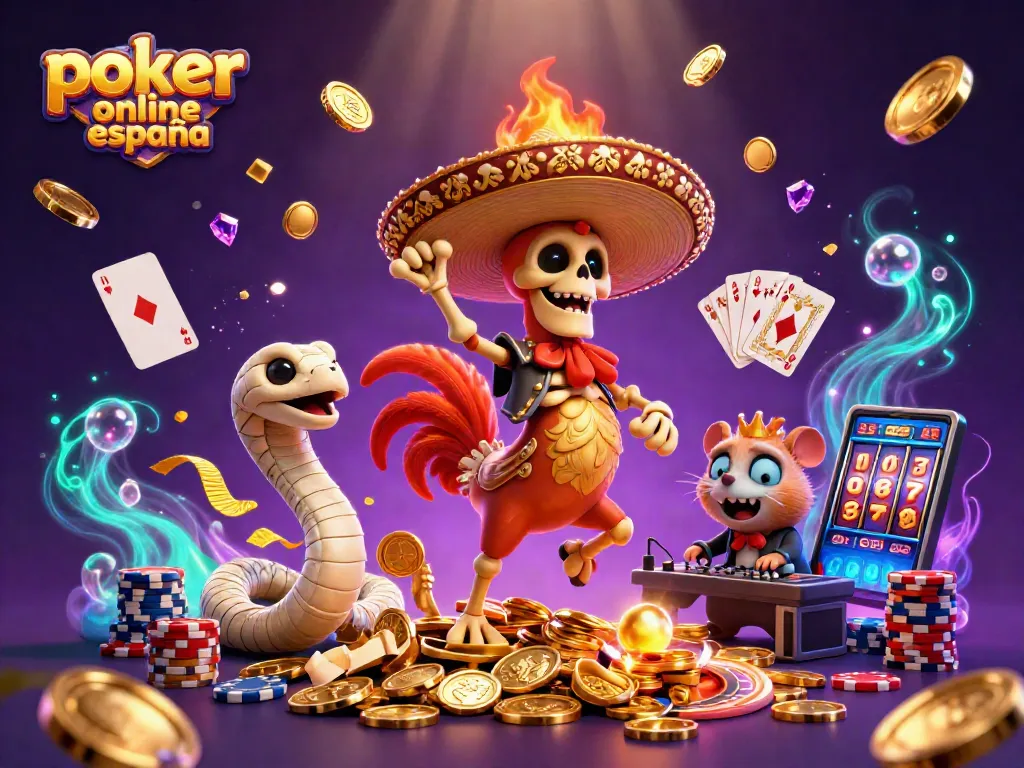Disfruta del póker online España con nuestro diseño vibrante que incluye cartas y fichas en acción.