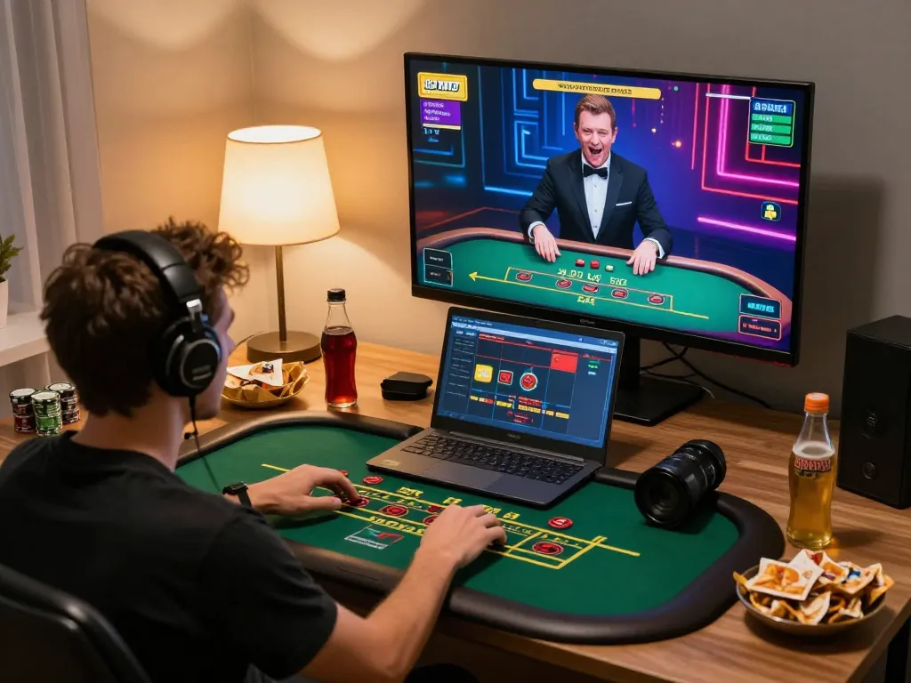 Player engaging in an exciting blackjack game on qh88go website in a cozy home setup