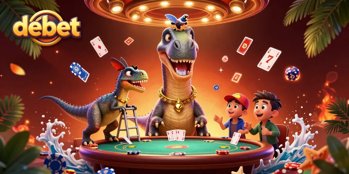 Experience an exhilarating poker scene with debet-themed characters interacting dynamically in a vibrant casino atmosphere.