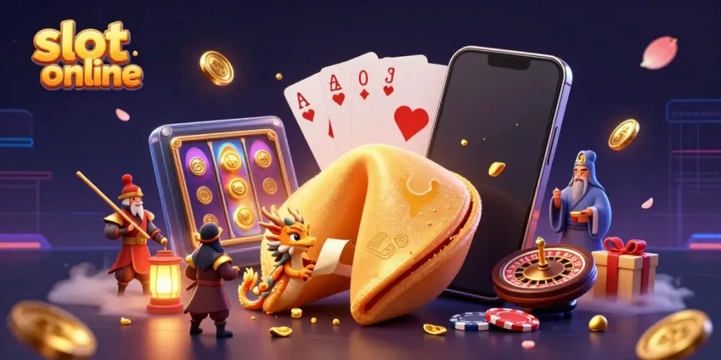 Experience thrilling slot online action with vibrant slot games and golden characters in this 3D illustration.
