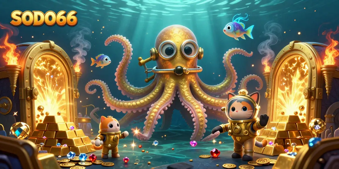Engage in thrilling underwater adventures with SODO66 as a playful diving cat explores treasures guarded by a colossal kraken.