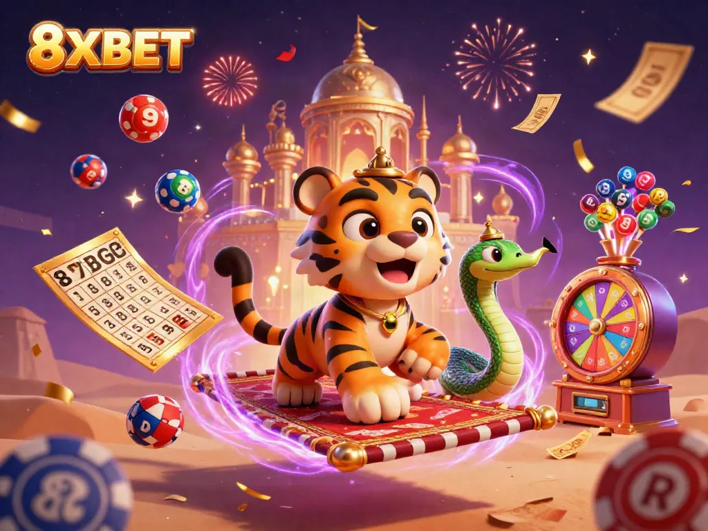 Experience the thrill of 8XBET with an enchanting scene featuring a sultan tiger on a flying carpet surrounded by vibrant lottery elements.
