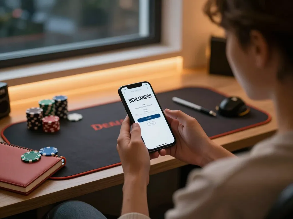 Engaging scene of a player accessing BERLIAN889 Login on smartphone, capturing the essence of online gambling excitement.