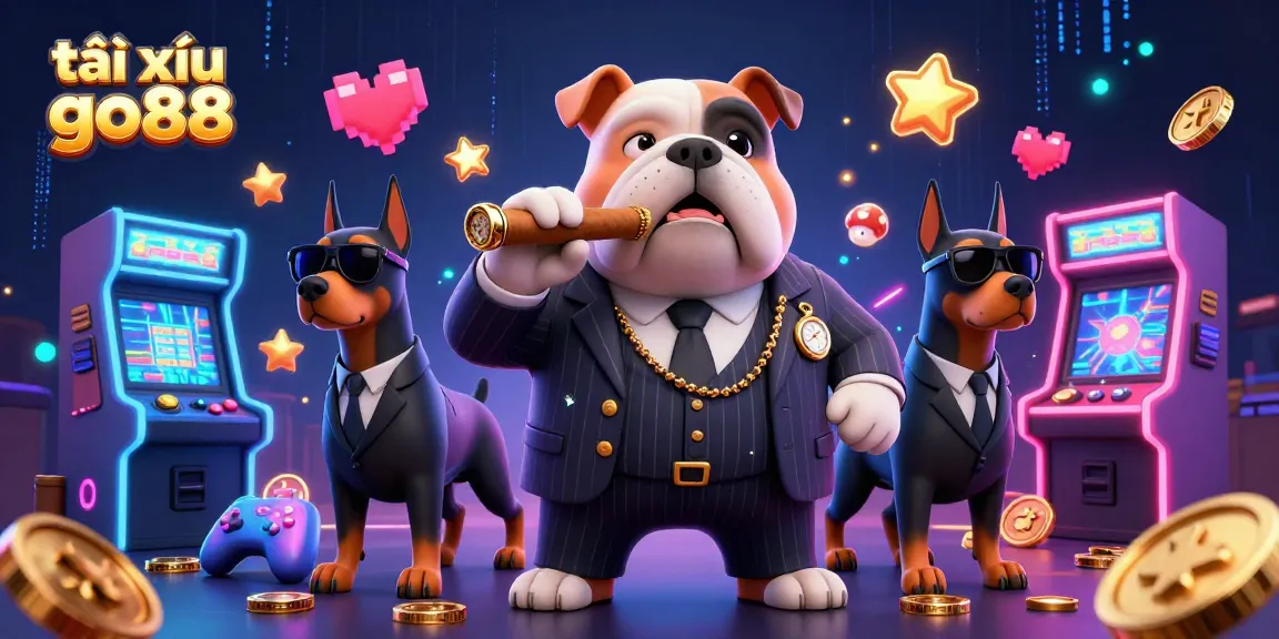 Engage with tài xỉu go88 in a vibrant 3D gaming scene featuring a mafia bulldog and dynamic casino elements.