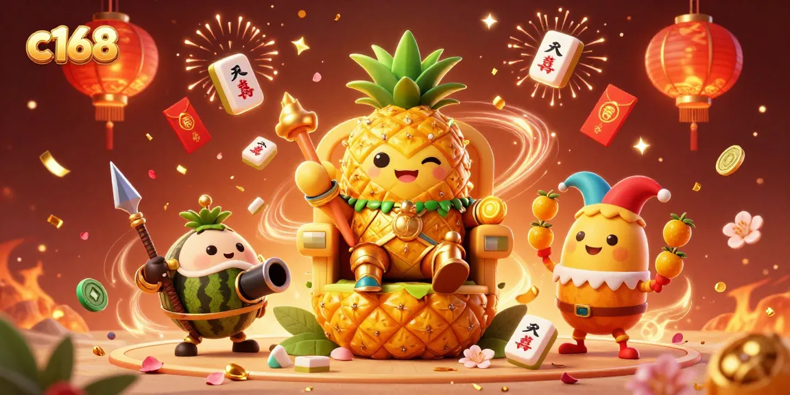 C168 casino illustration featuring a golden pineapple king with bodyguards and a jester, gambling in a vibrant setting.