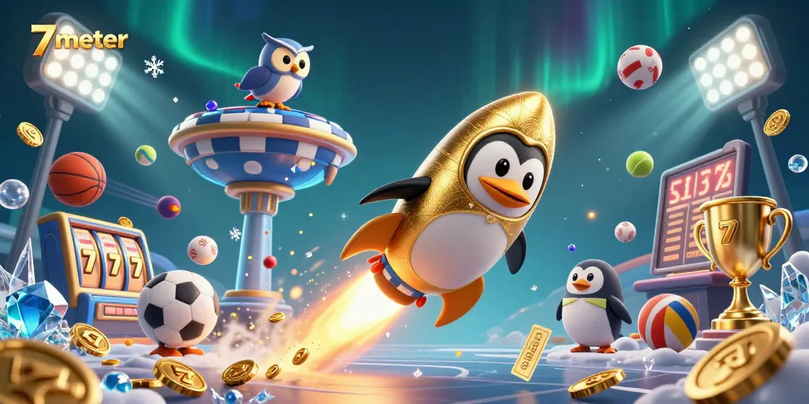 A 3D cartoon penguin racing towards a giant poker chip casino, showcasing 7meter's vibrant gaming experience.