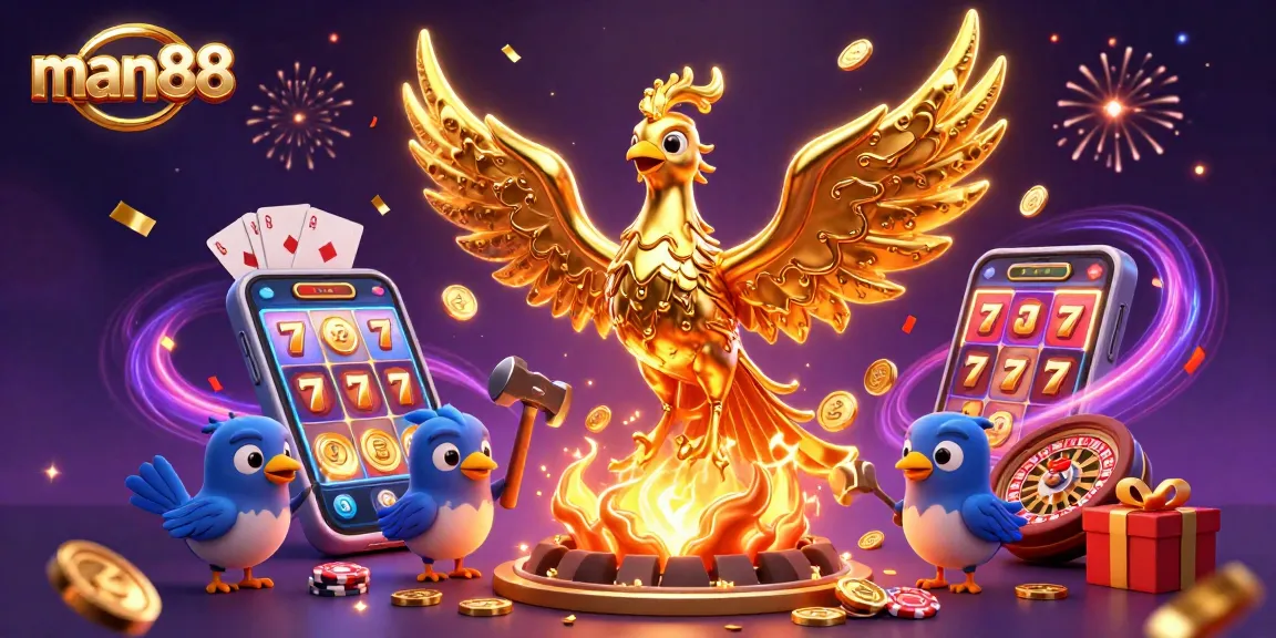 man88 showcases an opulent scene of a molten phoenix creating coins, symbolizing winning in slots.