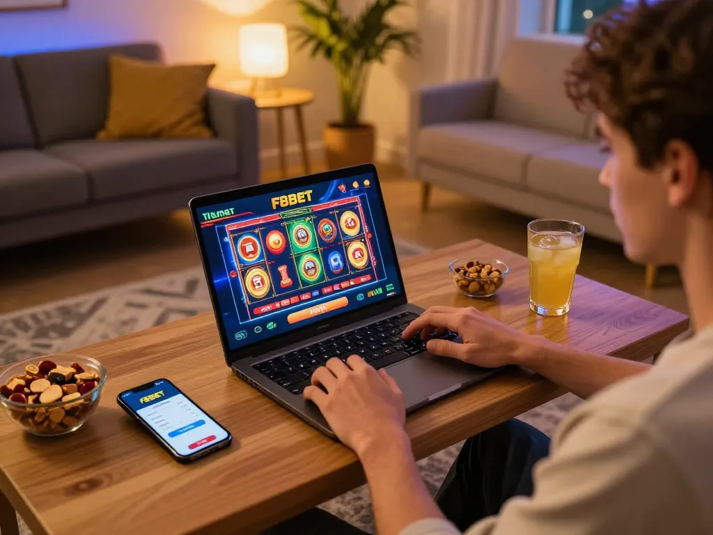 Player enjoying F8BET online casino games on laptop with smartphone app in a cozy gaming setup.