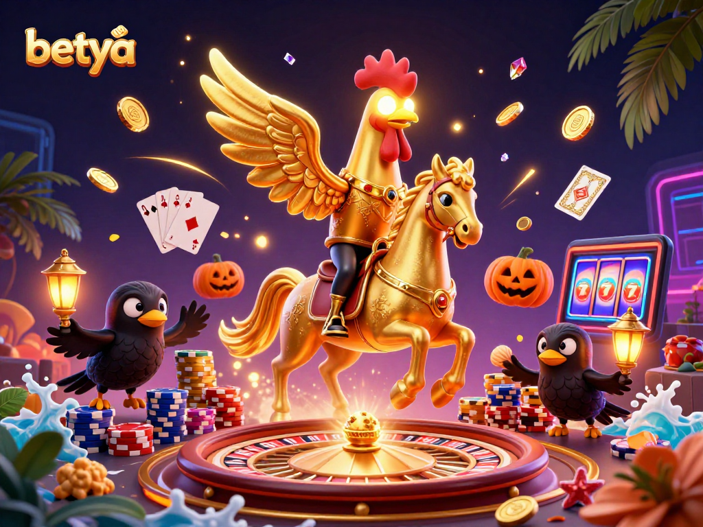 Experience thrilling casino action at betya with a golden rooster riding a spectral horse amidst sparkling gems and coins.