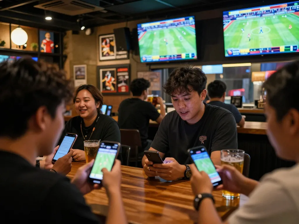 Bongdallu users engaging in live sports betting with excitement at a bustling sports bar.